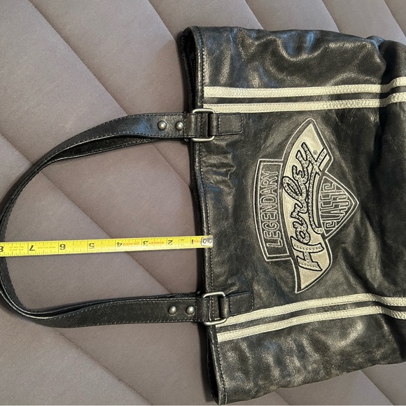 Vintage HARLEY DAVIDSON Black Leather Logo Tote / Messenger Bag / Purse - Picture 5 of 9